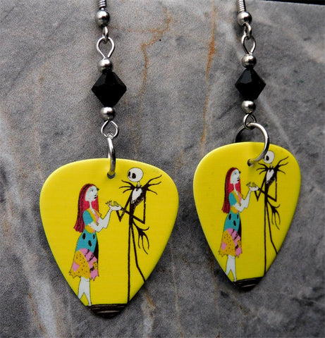 Jack Skellington and Sally The Nightmare Before Christmas Scene Guitar Pick Earrings with Black Swarovski Crystals