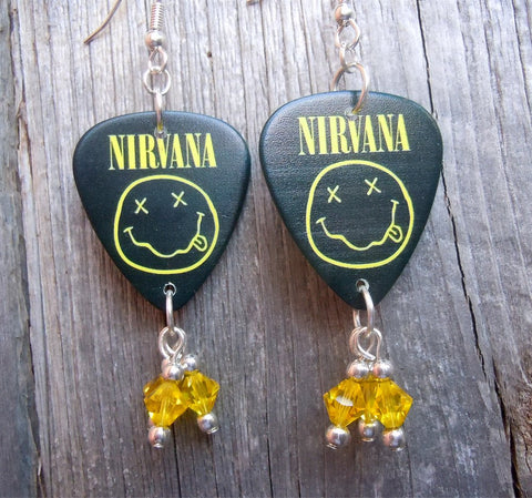 Nirvana Smiley Face Guitar Pick Earrings with Yellow Swarovski Crystal Dangles