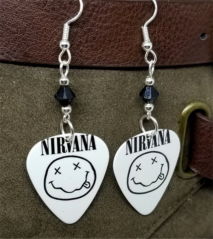 Nirvana Smiley Face Guitar Pick Earrings with Black Swarovski Crystals
