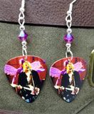Kurt Cobain on Stage Guitar Pick Earrings With Fuchsia AB Swarovski Crystals