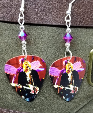 Kurt Cobain on Stage Guitar Pick Earrings With Fuchsia AB Swarovski Crystals