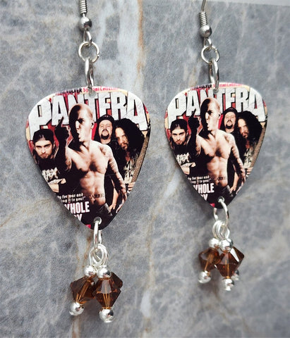 Pantera Magazine Cover Guitar Pick Earrings with Brown Swarovski Crystal Dangles