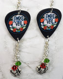 Pierce the Veil Guitar Pick Earrings with Rose Charm and Swarovski Crystal Dangles