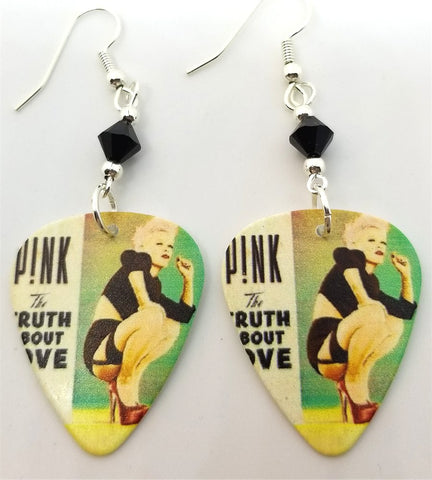 Pink The Truth About Love Guitar Pick Earrings with Black Swarovski Crystals