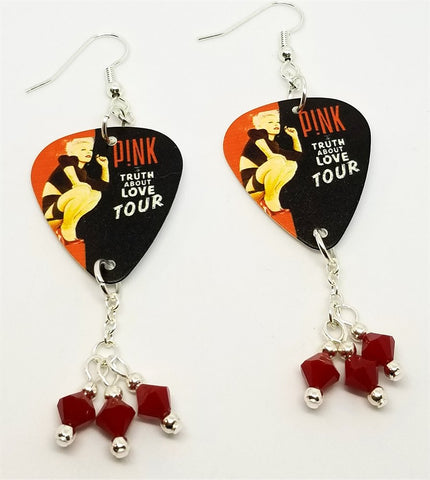 Pink The Truth About Love Tour Guitar Pick Earrings with Red Swarovski Crystal Dangles
