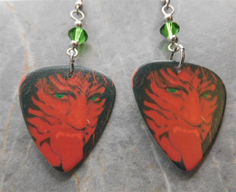 Poison Open Up and Say Ahh! Guitar Pick Earrings with Green Swarovski Crystals
