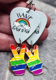 Have a Gay Day Rainbow Pride Guitar Pick Earrings with Peace Sign Fingers Charm
