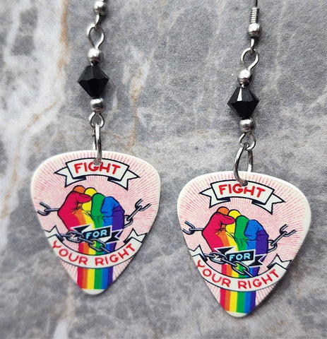 Fight For Your Right Pride Rainbow on a Chained Fist Guitar Pick Earrings with Black Swarovski Crystals