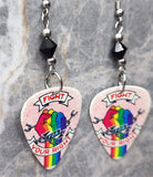 Fight For Your Right Pride Rainbow on a Chained Fist Guitar Pick Earrings with Black Swarovski Crystals