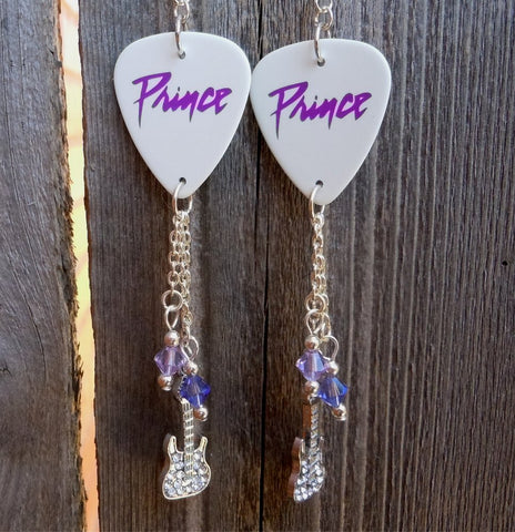 Prince Purple Rain Font Guitar Pick Earrings with Crystal Guitar Charm and Swarovski Crystal Dangles