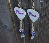 Prince Purple Rain Font Guitar Pick Earrings with Crystal Guitar Charm and Swarovski Crystal Dangles