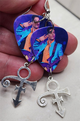 Prince on Stage Guitar Pick Earrings with Symbol Charm Dangles