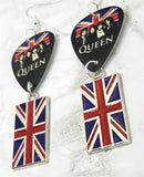 Queen Guitar Pick Earrings with British Flag Charm Dangles