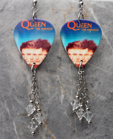 Queen The Miracle Album Cover Guitar Pick Earrings with Clear Swarovski Crystals