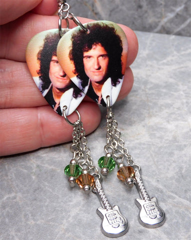 Queen Brian May Guitar Pick Earrings with Stainless Steel Guitar Charm and Swarovski Crystal Dangles