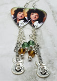 Queen Brian May Guitar Pick Earrings with Guitar Charm and Swarovski Crystal Dangles