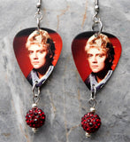 Queen Roger Taylor Guitar Pick Earrings with Dark Red Pave Bead Dangles