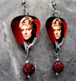 Queen Roger Taylor Guitar Pick Earrings with Dark Red Pave Bead Dangles
