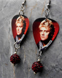 Queen Roger Taylor Guitar Pick Earrings with Dark Red Pave Bead Dangles