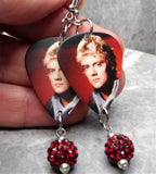 Queen Roger Taylor Guitar Pick Earrings with Dark Red Pave Bead Dangles