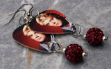 Queen Roger Taylor Guitar Pick Earrings with Dark Red Pave Bead Dangles