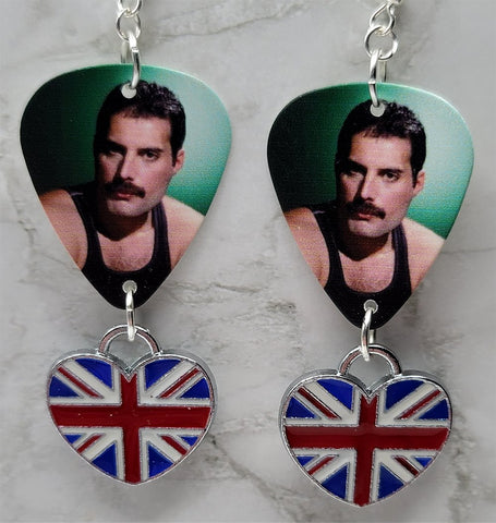 Queen Freddie Mercury Guitar Pick Earrings with Heart Shaped British Flag Charms
