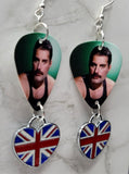 Queen Freddie Mercury Guitar Pick Earrings with Heart Shaped British Flag Charms