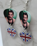Queen Freddie Mercury Guitar Pick Earrings with Heart Shaped British Flag Charms