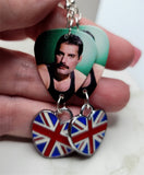 Queen Freddie Mercury Guitar Pick Earrings with Heart Shaped British Flag Charms