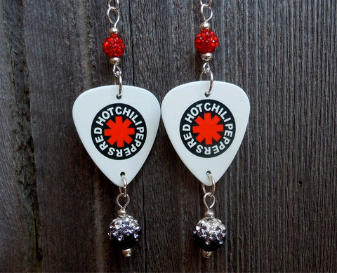 Red Hot Chili Peppers White Guitar Pick Earrings with Black Ombre and Red Pave Beads
