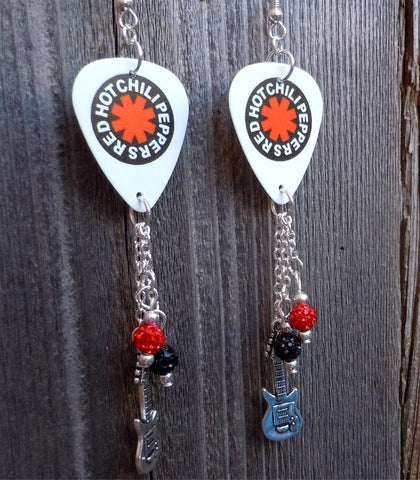 Red Hot Chili Peppers Guitar Pick Earrings with Pave and Guitar Charm Dangles