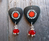 Red Hot Chili Peppers Black Guitar Pick Earrings with Red Swarovski Crystal Dangles