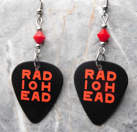 Radiohead Black Guitar Pick Earrings with Opaque Red Swarovski Crystals