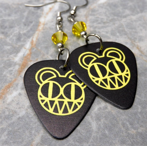 Radiohead Logo Black Guitar Pick Earrings with Yellow Swarovski Crystals