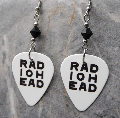Radiohead White Guitar Pick Earrings with Black Swarovski Crystals