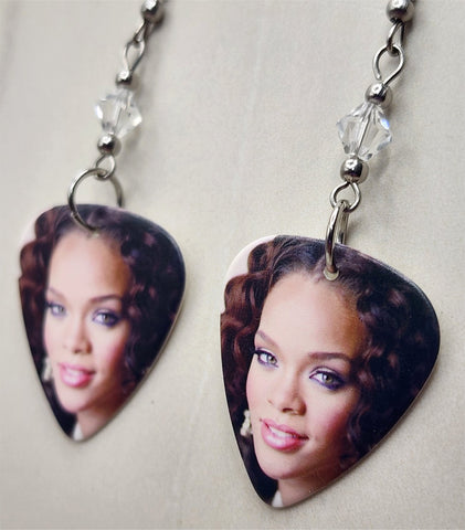 Rihanna with Curly Hair Guitar Pick Earrings with Clear Swarovski Crystals