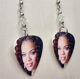 Rihanna with Curly Hair Guitar Pick Earrings with Clear Swarovski Crystals