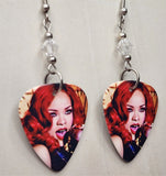 Rihanna with Red Hair Guitar Pick Earrings with Clear Swarovski Crystals