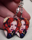 Rihanna with Red Hair Guitar Pick Earrings with Clear Swarovski Crystals