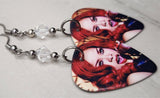 Rihanna with Red Hair Guitar Pick Earrings with Clear Swarovski Crystals