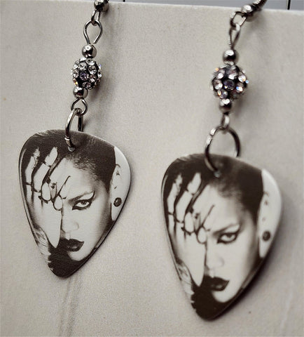 Black and White Fierce Rihanna Guitar Pick Earrings with Black and White Pave Beads