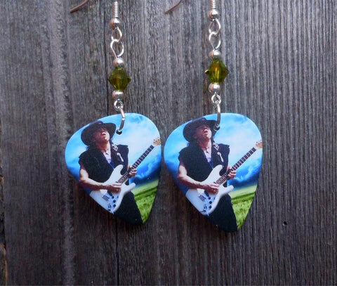 Stevie Ray Vaughan Guitar Pick Earrings with Olivine Green Swarovski Crystals