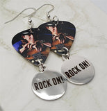 Stevie Ray Vaughan Guitar Pick Earrings with Rock On Charm Dangles