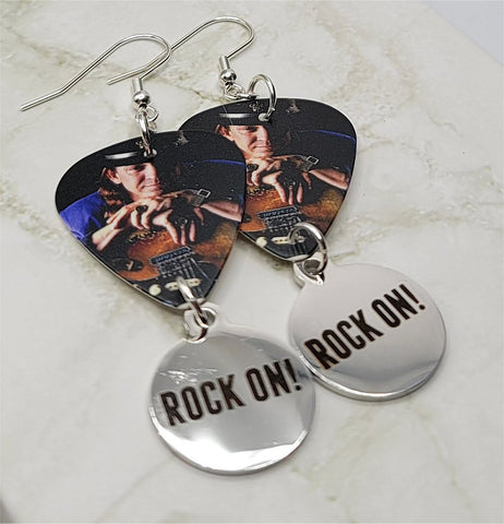 Stevie Ray Vaughan Guitar Pick Earrings with Rock On Charm Dangles