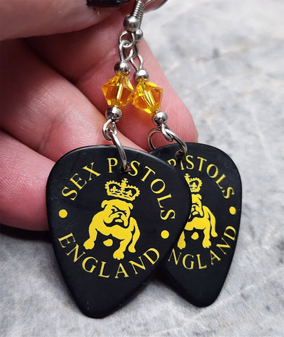 Sex Pistols Bulldog on Black Guitar Pick Earrings with Yellow Swarovski Crystals