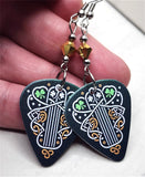 Shamrock Celtic Theme Guitar Pick Earrings with Metallic Gold Swarovski Crystals