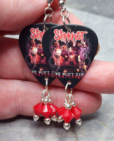 Slipknot We Won't Die Guitar Pick Earrings with Opaque Red Swarovski Crystal Dangles