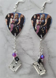 Steel Panther Group Picture Guitar Pick Earrings with Cassette Tape Charms and Swarovski Crystal Dangles