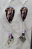 Steel Panther Group Picture Guitar Pick Earrings with Cassette Tape Charms and Swarovski Crystal Dangles