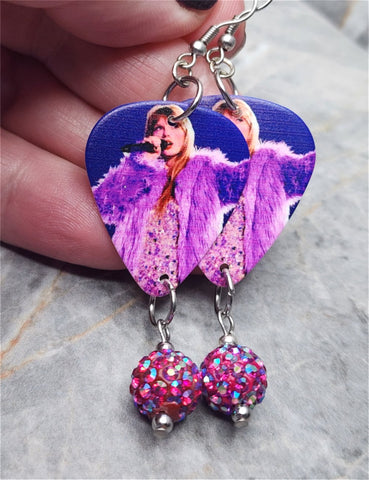 Taylor Swift Guitar Pick Earrings with Fuchsia ABx2 Pave Bead Dangles